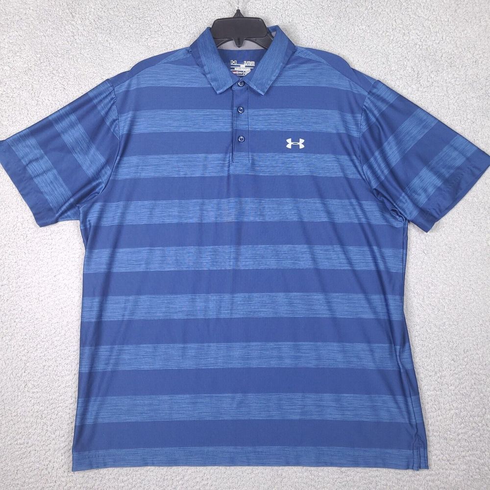 Under Armour Polo Shirt Mens XL Blue Striped Golf Loose Heatgear Outdoor